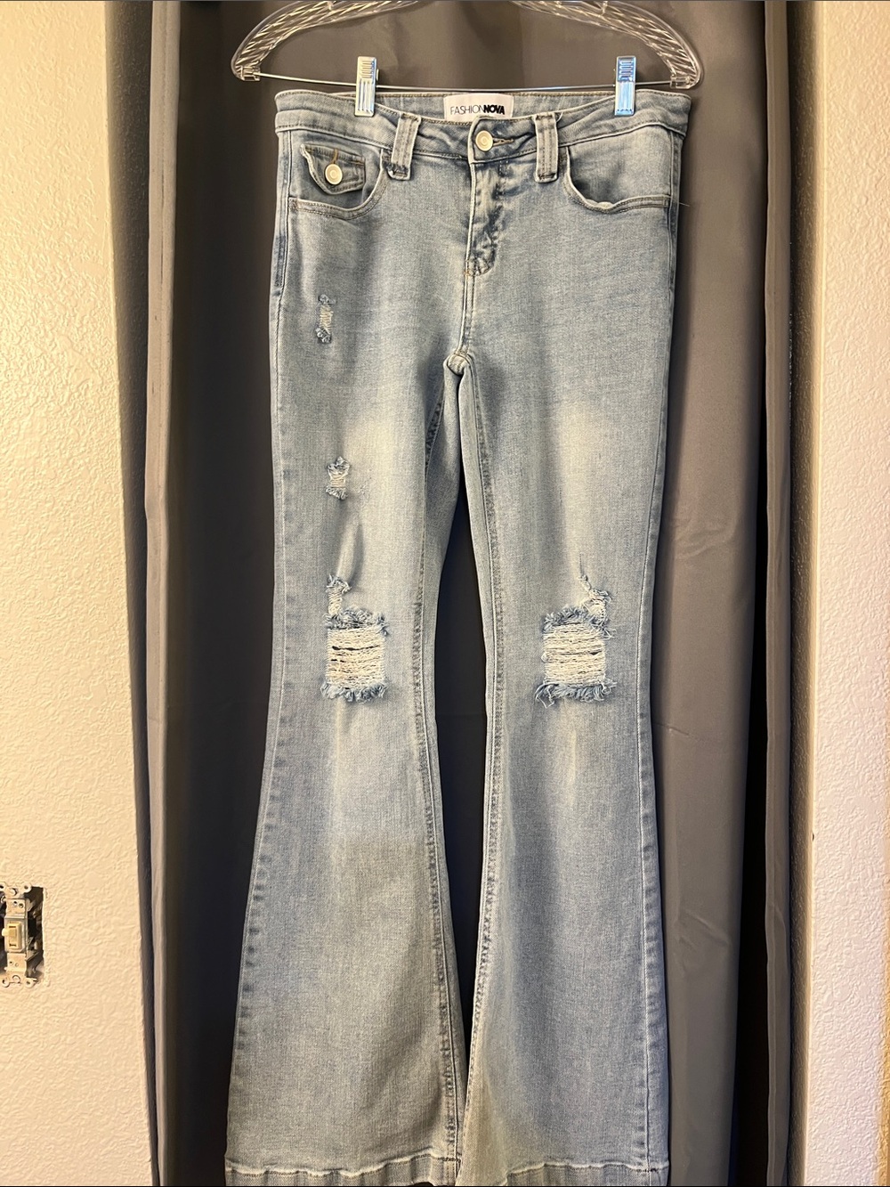 Fashion Nova Light Blue Distressed Flare Jeans